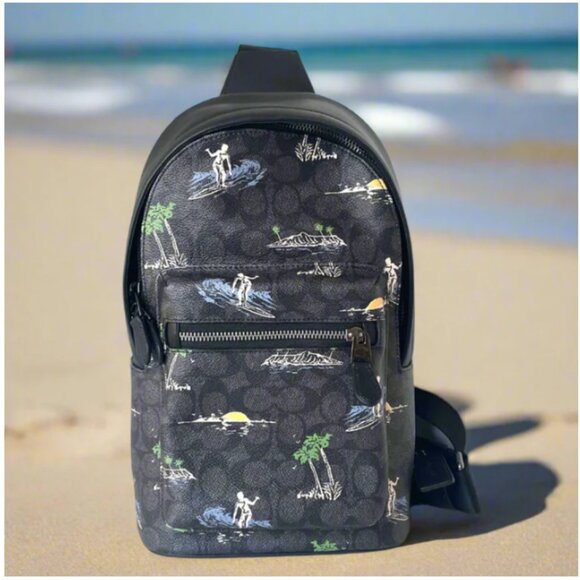 Coach West Pack Men’s Signature Canvas Surf Print Leather Compact Bag 2853 - Picture 1 of 10